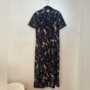 Vintage Coldwater Creek Navy Maxi Dress with Purple & Cream Floral Print